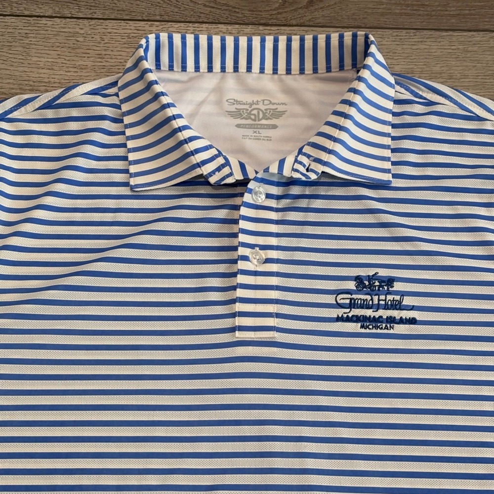 Straight Down Polo Mens XL Blue Striped Grand Hotel Mackinac Island Golf Preppy